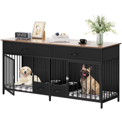 Indoor Dog Crate Furniture Large Breed with Storage&Dog Feeder, Double Dog Kennel Furniture TV Stand, 74.8" Inch Wooden Decorative Dog Kennel Furniture for 2 Dogs, Black