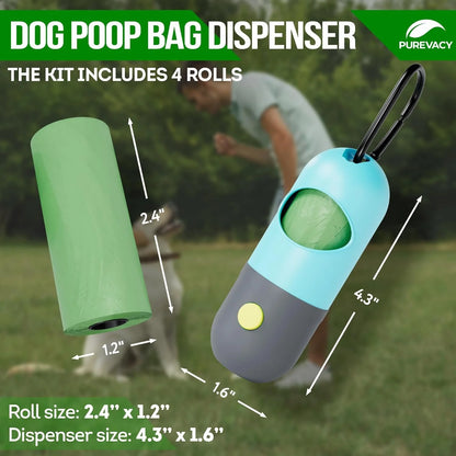 Dog Poop Bag Dispenser W/ 4 Rolls, Flashlight, Carabiner - Green