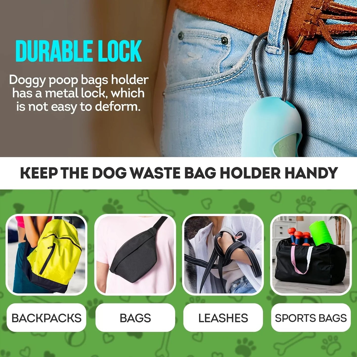 Dog Poop Bag Dispenser W/ 4 Rolls, Flashlight, Carabiner - Green